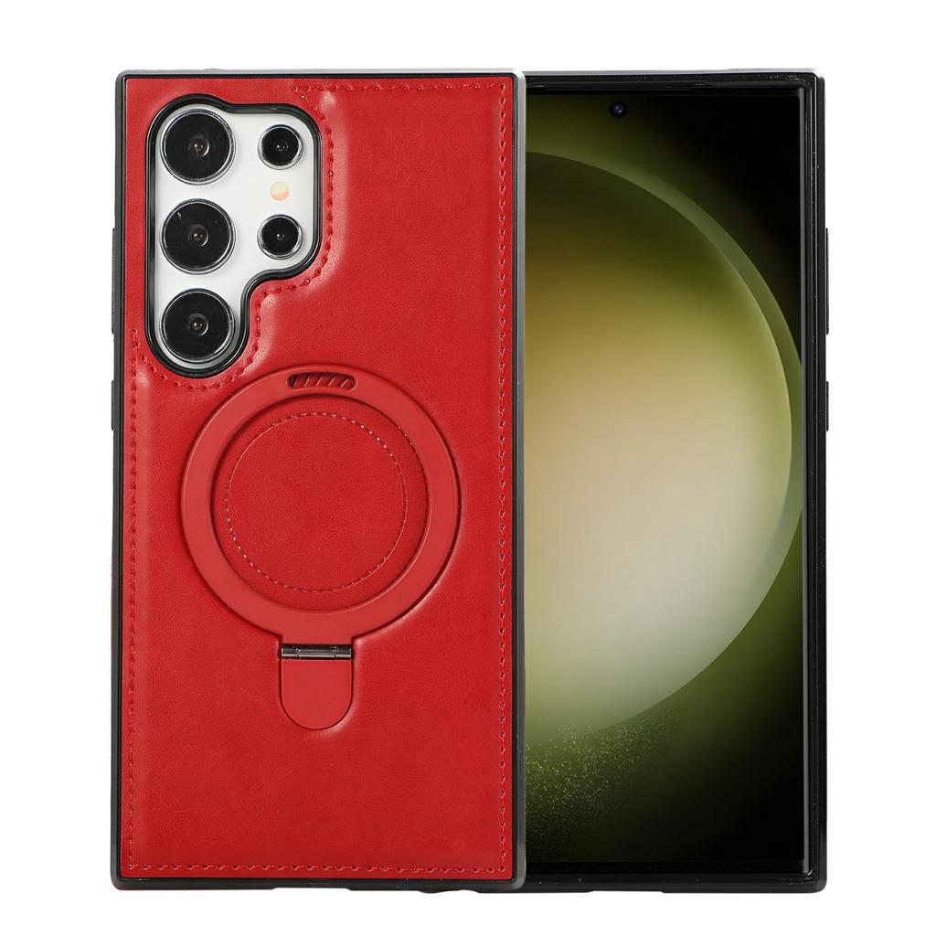 For Samsung Galaxy S23 Ultra Case Magnetic Kickstand PU Leather Coated PC + TPU Phone Cover