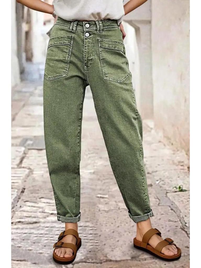Green Button-Row Mid-Waist Straight-Leg Jeans with Slant Pockets for All Seasons