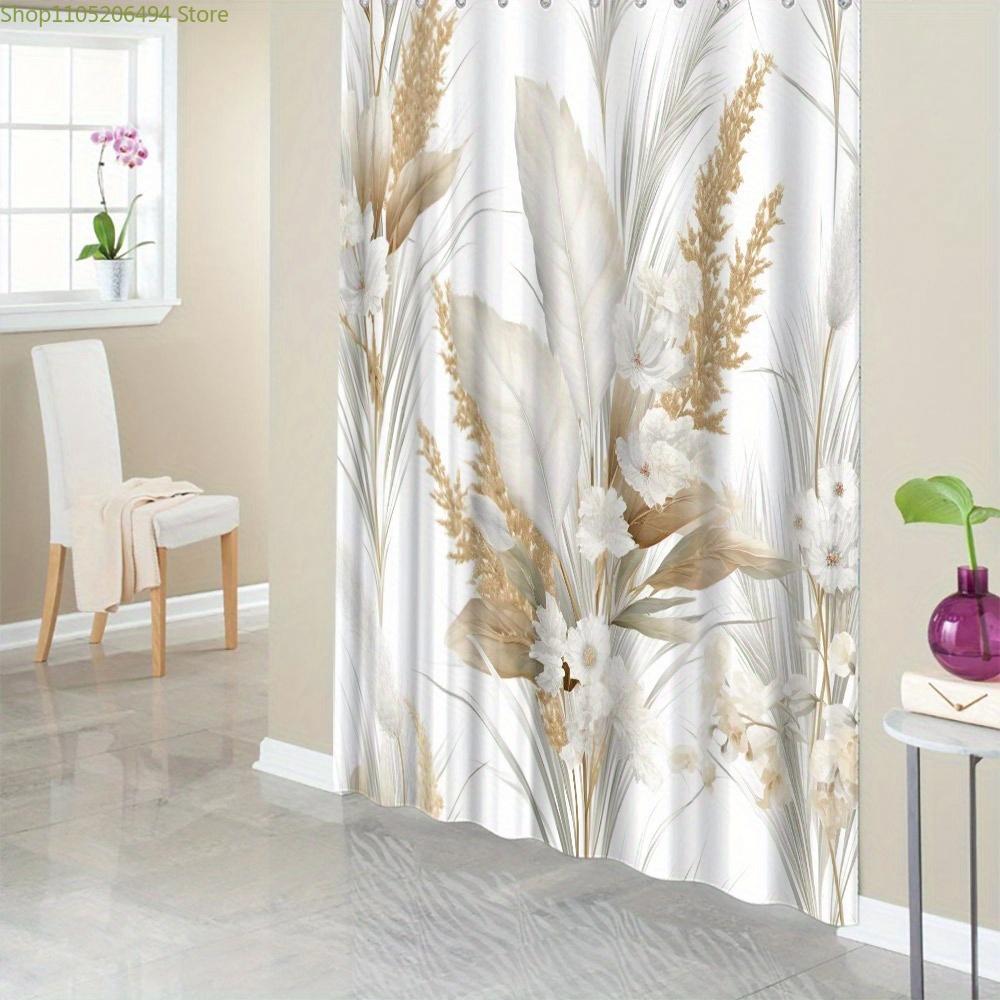 1pc Vintage Botanical Print Shower Curtain - Soft Floral Design with White Blossoms & Feathers, Muted Beige & Pale Golden on W