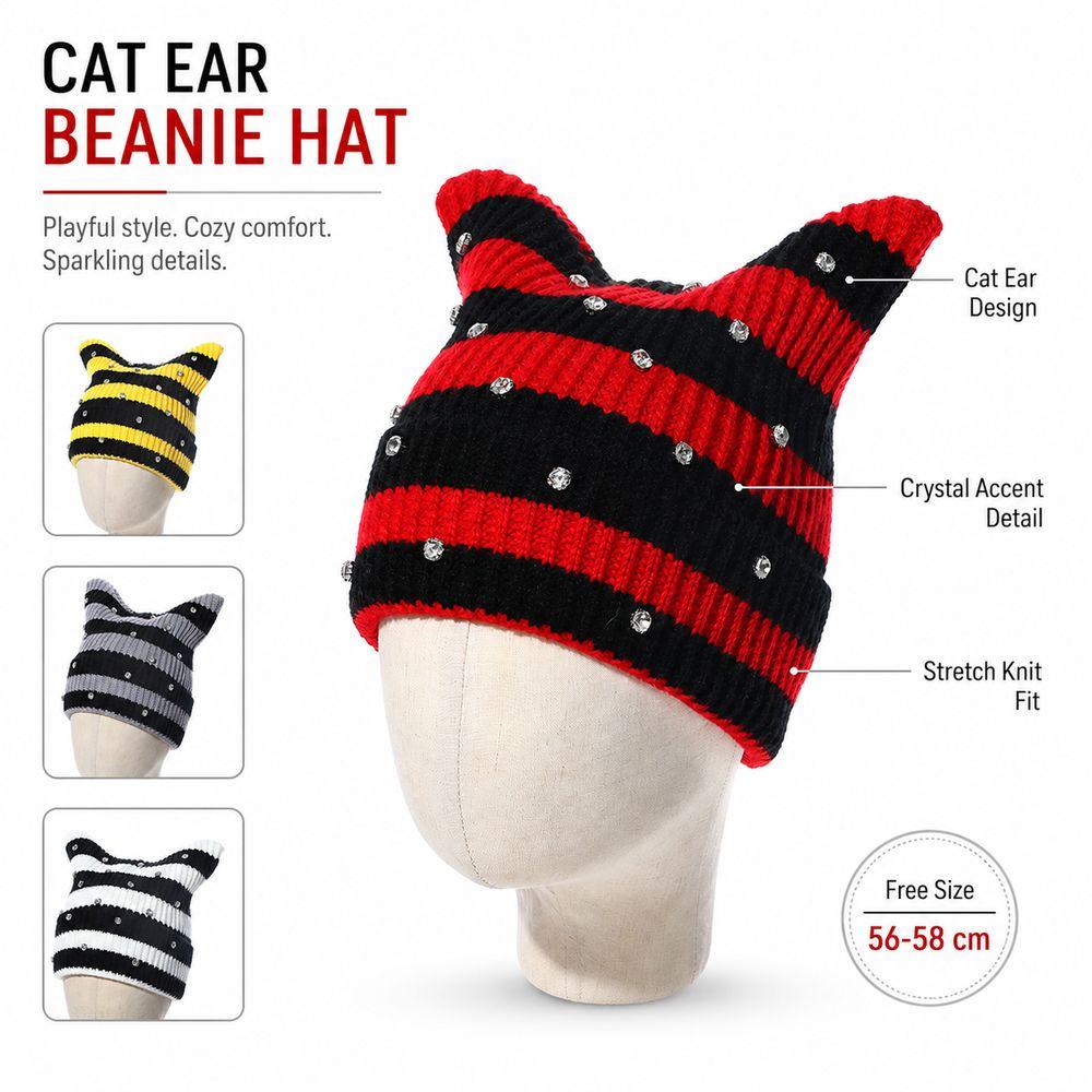 Yarn Cat Ear Beanie Stretchable Knit Striped Hat Gifts Knitted Beanie Hat Spring Autumn Winter