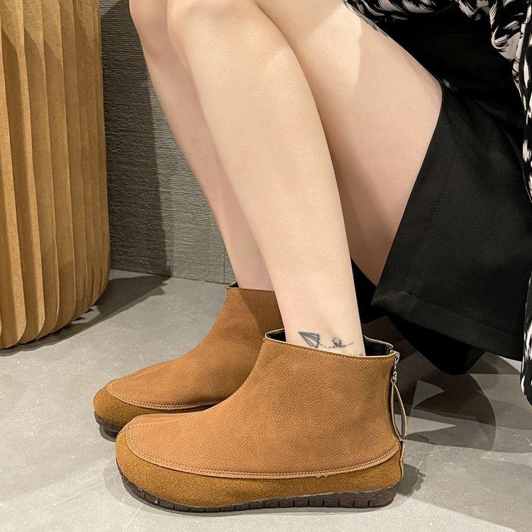 Literary soft leather short boots for women 2024 autumn and winter new retro round head flat bottom mother shoes fashion boots for women