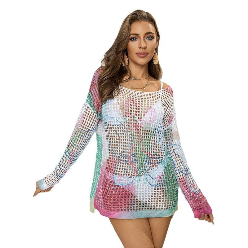 

Вязаный свитер с вырезами для женского морского отдыха, принтованная блуза-смок, топ-бикини, солнцезащитная рубашка, свободный топ S белый