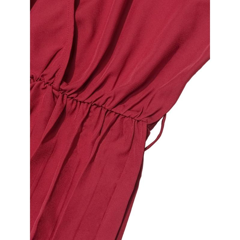 Damen V-Ausschnitt Langarm Plissierter Jumpsuit Mit Taillengürtel Eleganter Weiter Bein Romper