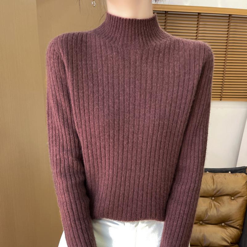 

Свитер с полувысоким воротом и полосками для женщин, осенне-зимний, теплый, тонкий, трикотажный свитер, нижняя часть рубашки XXL красный/кофейный