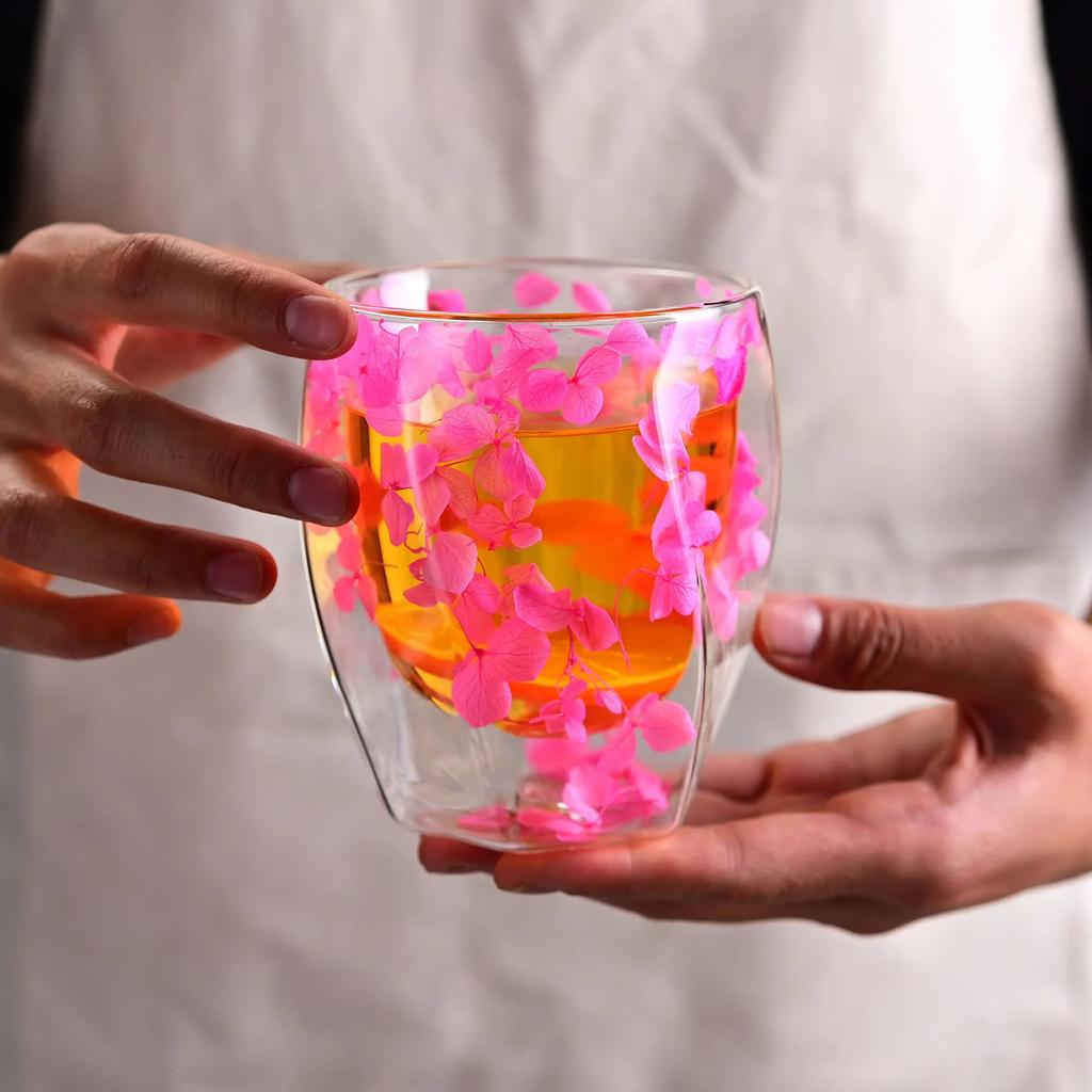 1pc 350ml Double Wall Glass Cup Artificial Flower Decorated Coffee Cup Milk Mug Heat Resistant Tea Cups Glass Mug Kitchenware