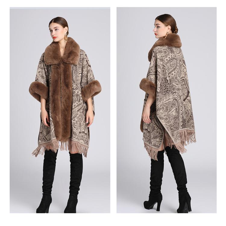 Winter Women's Shawl Cape Jacket Fur Collar Jacquard Loose Tassel Large Size Seven-point Sleeves Tweed Jacket