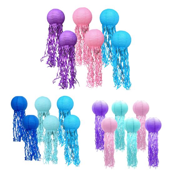 6 Pcs Paper Lanterns Hanging Jelly Fish Paper Lanterns Long Tassels Solid Color Mermaid Theme Party Sea Ocean Animal Birthday