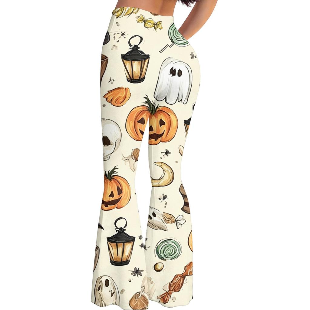 Women's Halloween Print Yoga Pants - Flared Leggings, Casual Stretchy Bell Bottom Pants for Women, for Yoga, Daily Wear and Party