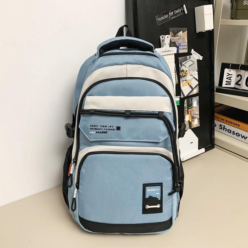 Large Capacity Student Schoolbag Men Color Block Backpack Computer Travel Backpack