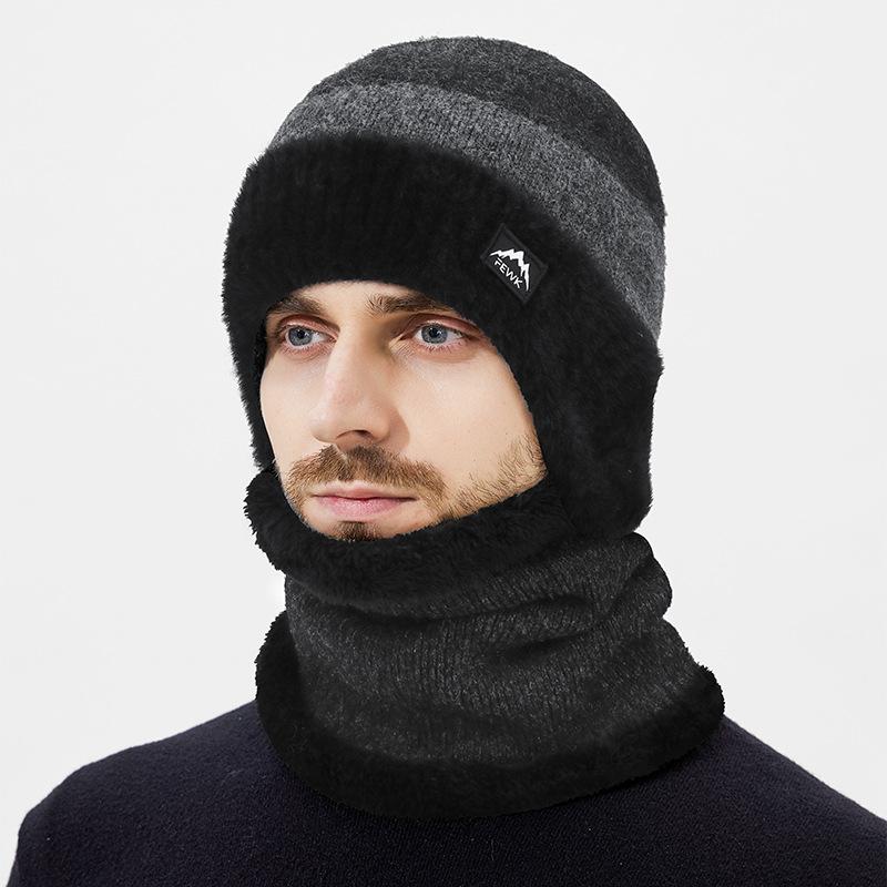 Winter Wool Warm Color-Matching Ear Protection Knitted Hat Men's Outdoor Cold-Proof Velvet Neck Set Two-Piece Wool Hat