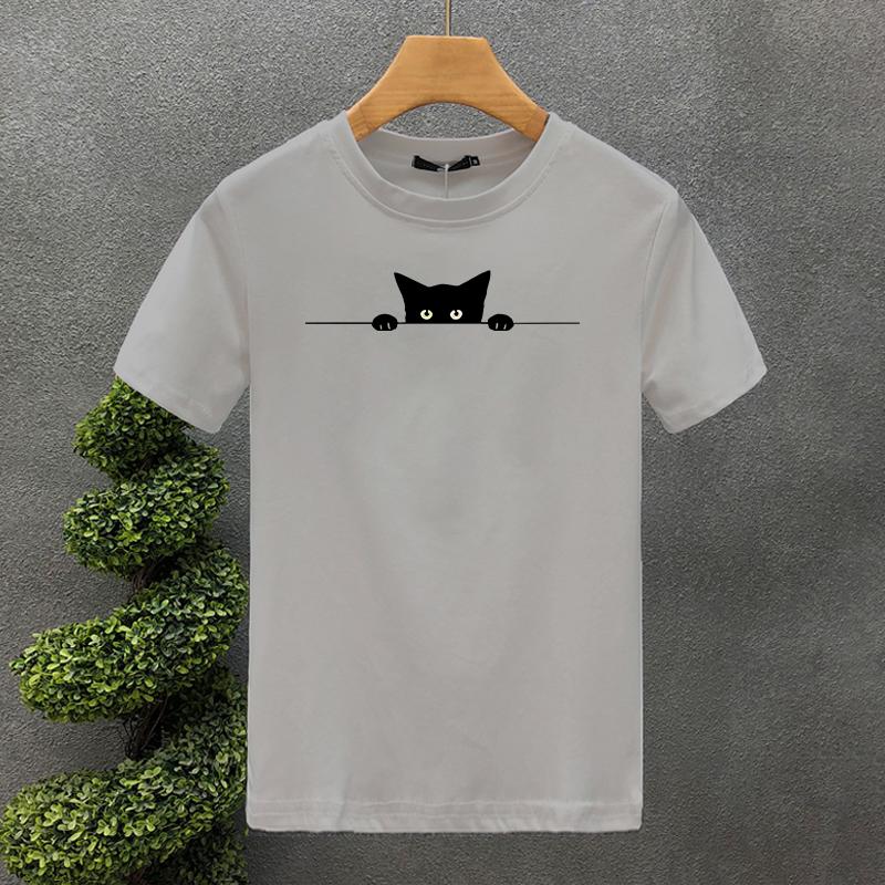 Men's Summer Cotton Fashionable Casual Loose Large Cute Cat Pattern Printed Round Neck Short Sleeve T-shirt Top
