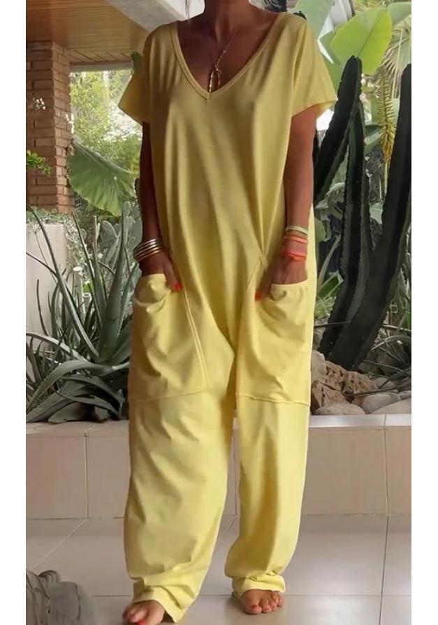 

2026 Spring/Summer Women s Solid Color Low Crotch Jumpsuit with Large Pockets - Elegant European & American Style 4XL жовтий