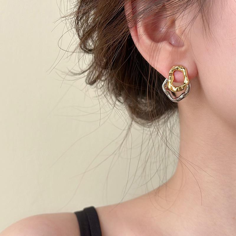 Vintage Two Tone Metal Drop Earrings for Women Geometric Irregular Round Earrings Daily Wear Statement Jewelry