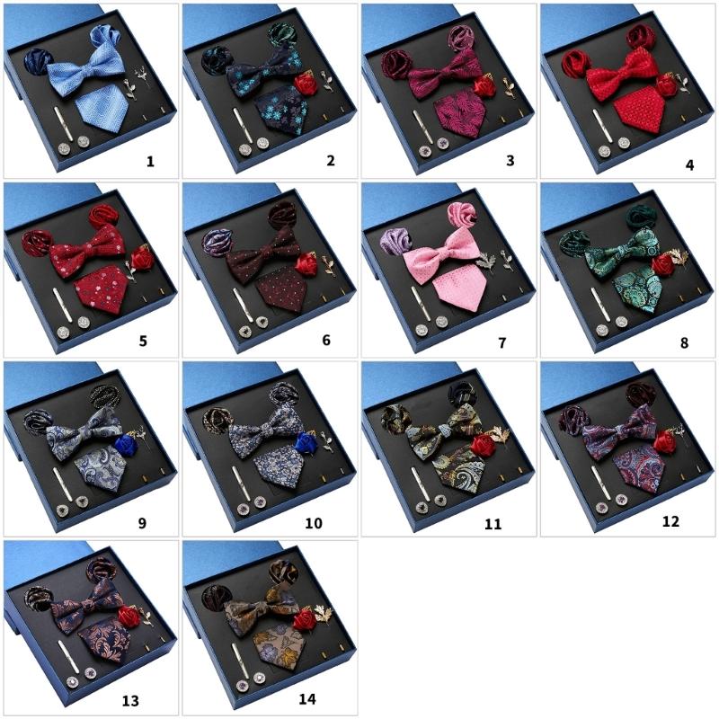 Pack of 9 Men's Floral Tie Set with Pocket Square Tie Clip Brooch Accessories for Formal Occasion Holiday Gift Supply
