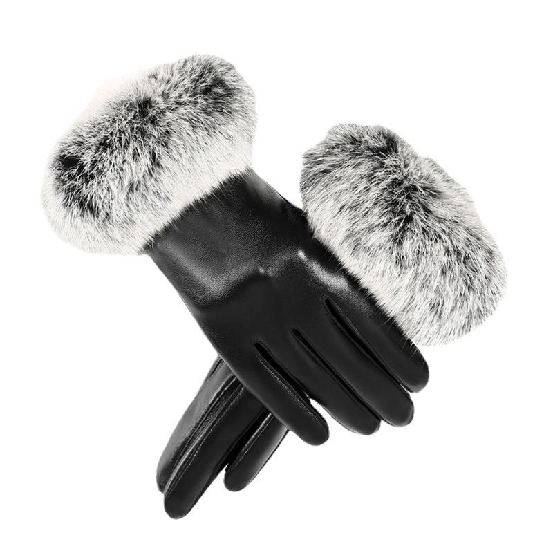 

Кожаные перчатки для женщин на зиму, сенсорные, плюс бархатные, утолщенные, теплые, из натурального кроличьего меха, тонкого стиля, для езды на велосипеде, кожаные перчатки из кроличьего меха All size
