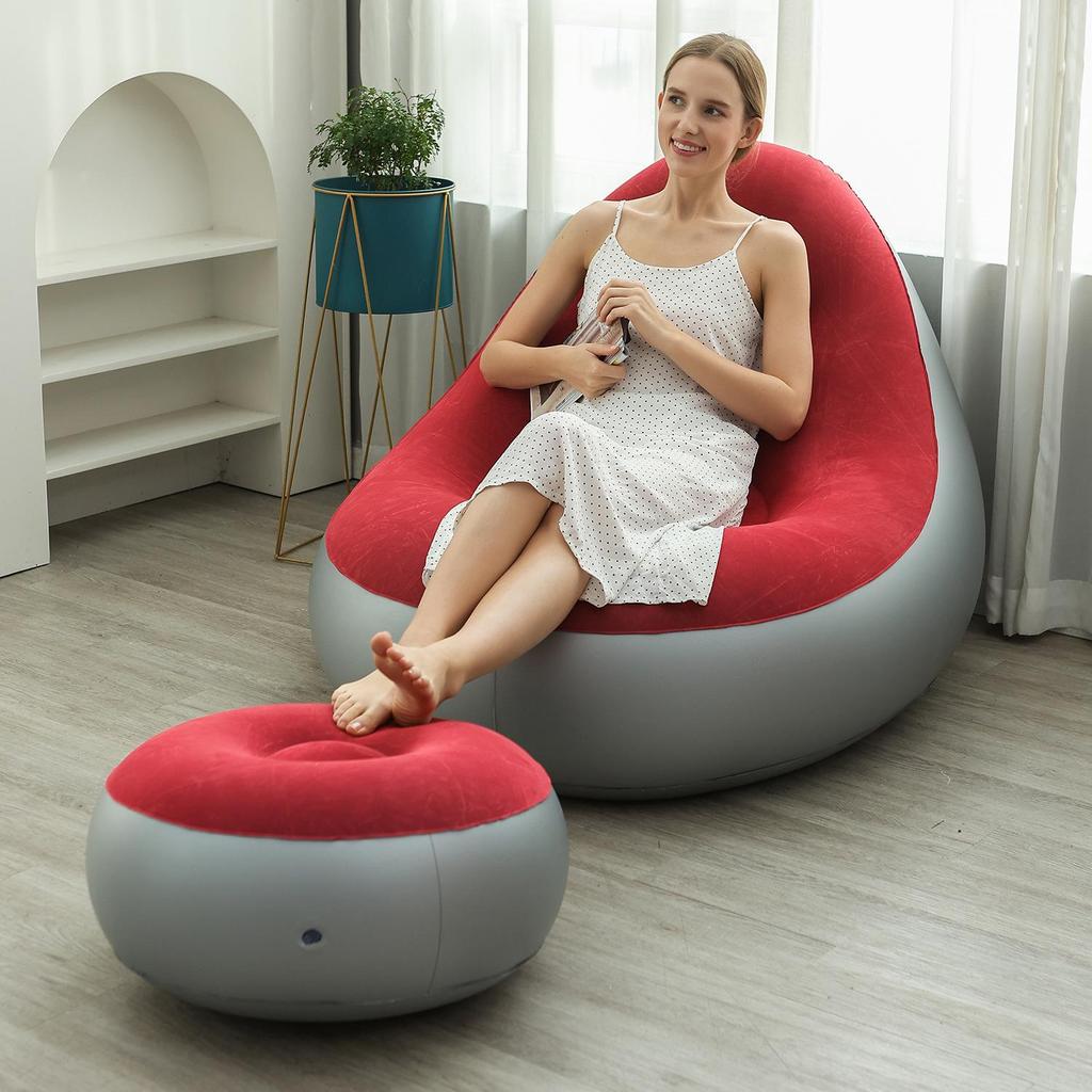 Inflatable Foldable Outdoor Sofa Bed & Footrest Flocking Lounger Chair
