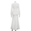 Women's White Stand Collar Deep V Neck Long Sleeve Maxi Dress Button Front High Slit Bodycon Elegant Formal Evening Party Wedding Guest Gown