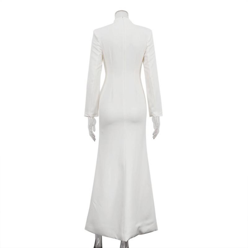 Women's White Stand Collar Deep V Neck Long Sleeve Maxi Dress Button Front High Slit Bodycon Elegant Formal Evening Party Wedding Guest Gown