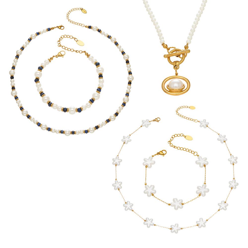 Elegant 18k Gold-Plated Stainless Steel Necklace with Imitation Pearl Beads and OT Clasp