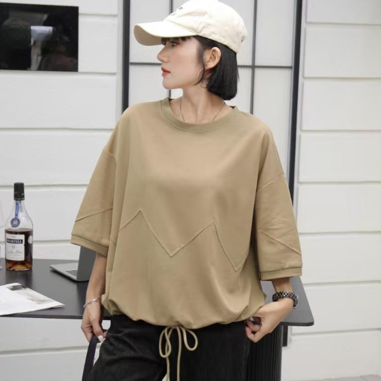 DIMANAF 2025 Plus Size Summer Solid Bat Stripe T-shirt Women Short Sleeve Loose Tops New Tees