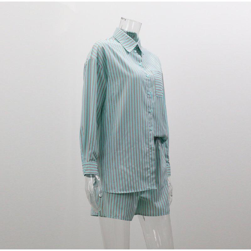 Casual Stripe Women's Suit Laple Single Breasted Pockets Long Sleeve Shirts High Waist Shorts Pants Female Sets Lady Beach Wears