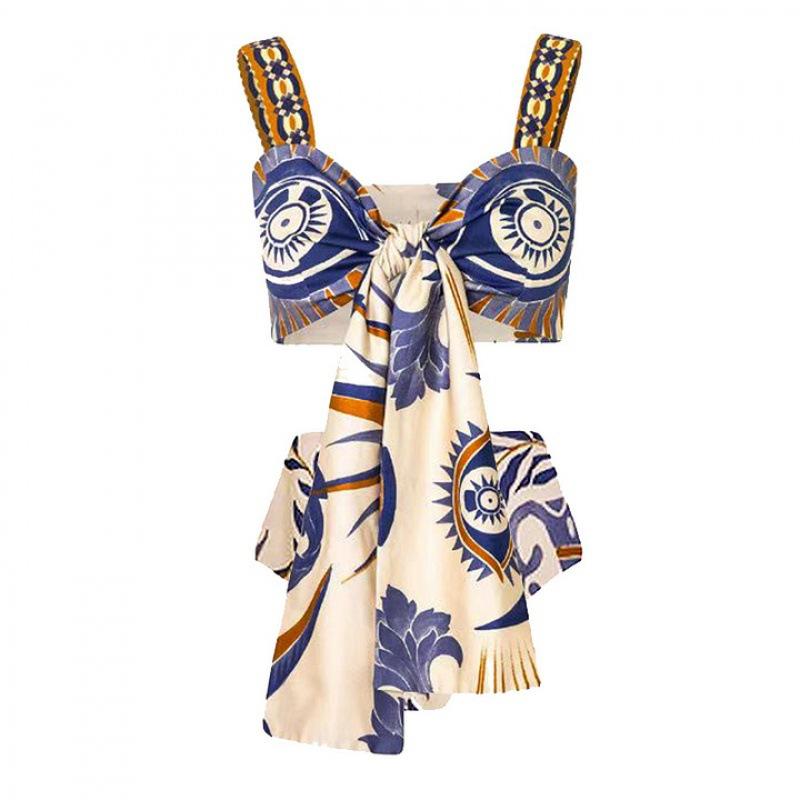 European and American straps, ethnic style swimsuit, conservative printed split swimsuit suit, women S