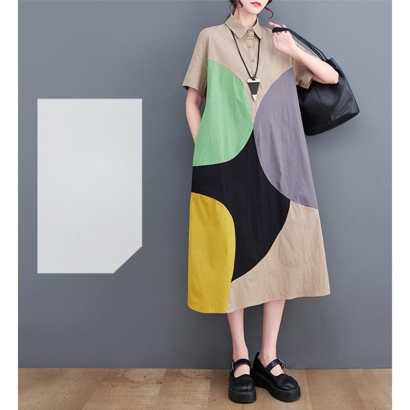 Short Sleeve Patchwork Contrast Color Dresses for Women Loose Casual Vintage Dress Fashion Elegant Clothes Spring Summer 2025