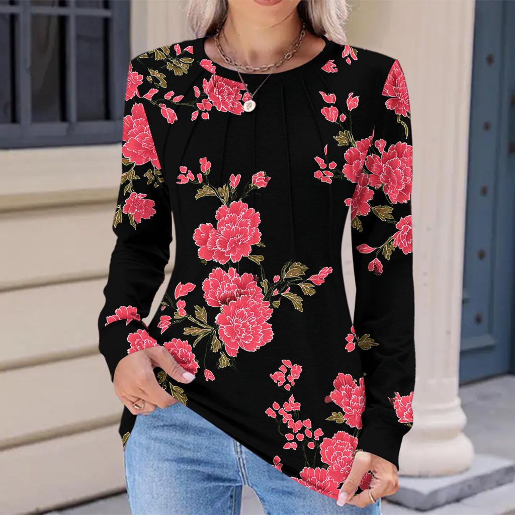 Women's Fashionable Casual Floral Retro Print Pleated Comfortable Round Neck Loose Long Sleeve T-shirt Top