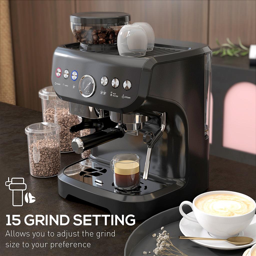 15 Bar Coffee Machine, with Adjustable Grind, Steamer and Accessories - Black