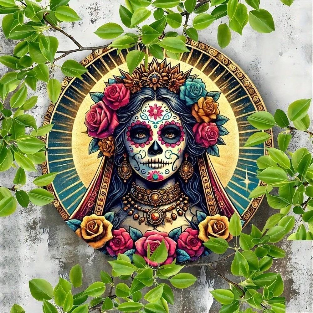Vintage Sugar Skull Tin Wall Sign 8x8 Inch Retro Day of The Dead Metal Plaque Home Bar Cafe Decor