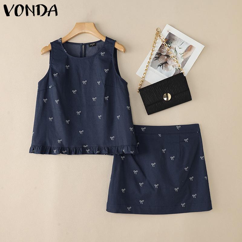 

VONDA Women Tanks Sets O-neck Print Sleeveless Tops and A-line Mini Skirts Suits Outfits 3XL темно-синий