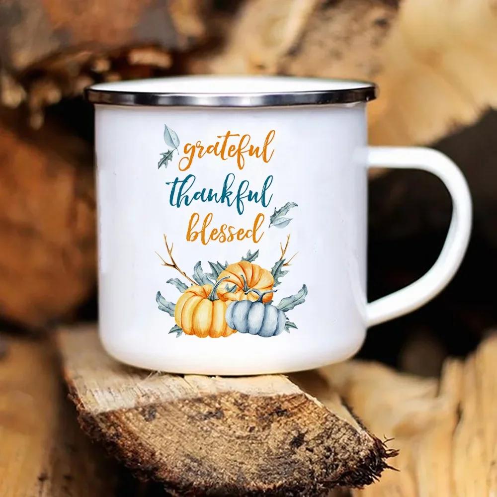 Grateful Thankful Blessed Print Creative Enamel Mugs Coffee Cup Thanksgiving Party Wine Juice Mug Dessert Milk Handle Cup Gifts
