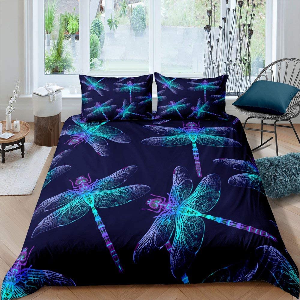 Dragonfly Duvet Cover Set King Queen Full Size Polyester Comforter Cover Watercolour Style For Kids Teens Adults With Pillowcase