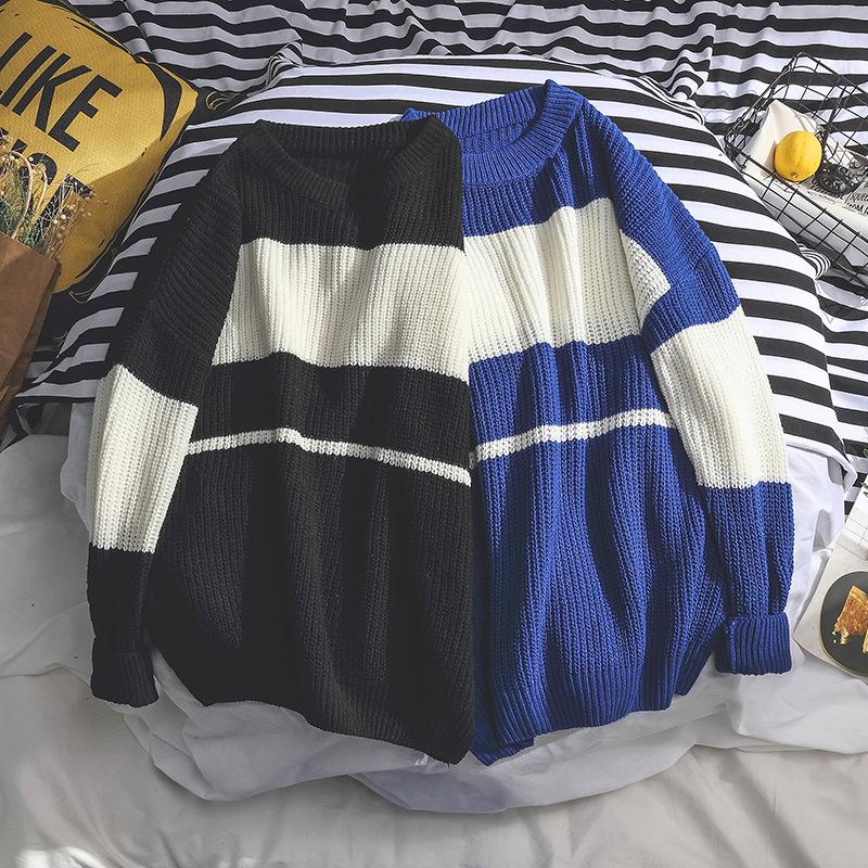 Tröja Herr Rundhals Ny Hongkong-stil Randig Lös Koreansk Casual Stickad Tröja Fladdermusärm Pullover