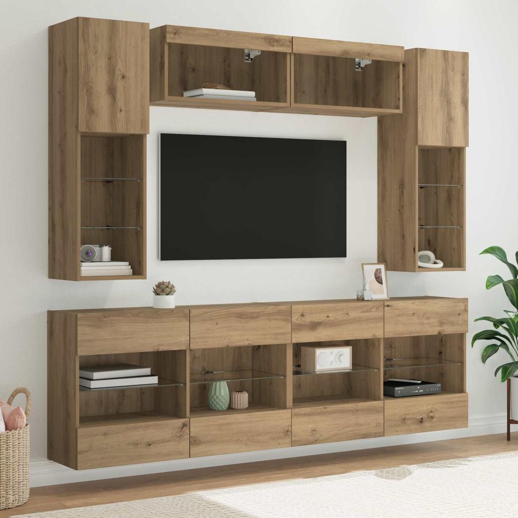 TV Wall Shelf Set with LED 6 pcs Artisan Oak Wood Based Material