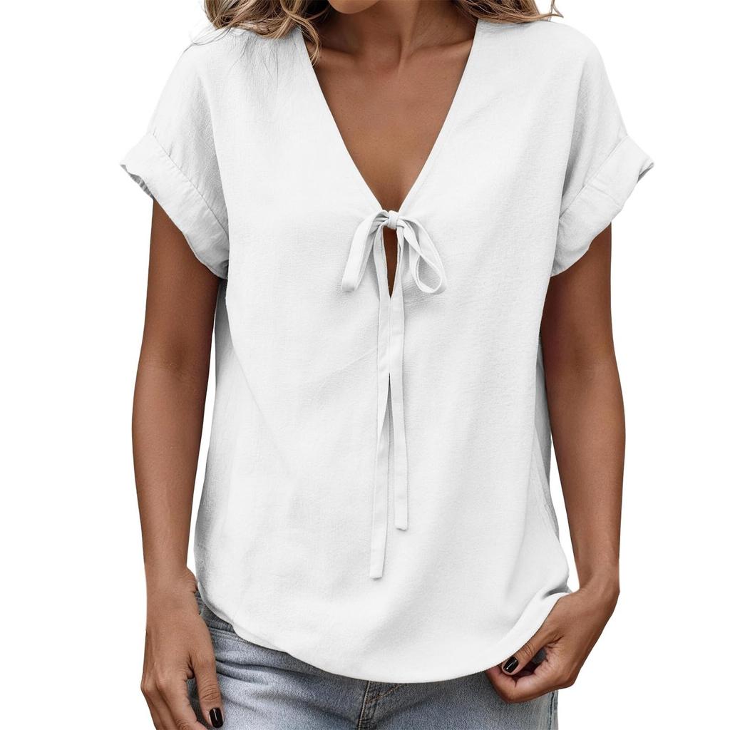 Women's Fashion Casual -Colour V-Neck Tie-Front Short-Sleeved T-Shirt Top