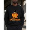 Men's  Crewneck Sweatshirt - Autumn Winter Warm Pullover with Pumpkin Witch Hat , Casual Daily Wear Gift for Him, Non- Long Sleeve Shirt