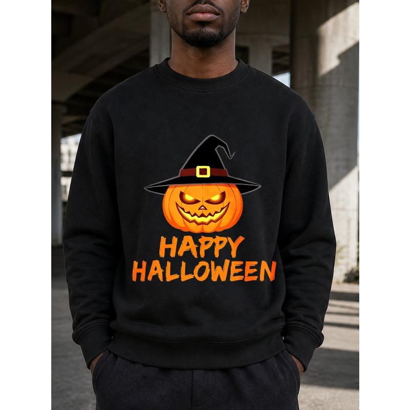 Men's  Crewneck Sweatshirt - Autumn Winter Warm Pullover with Pumpkin Witch Hat , Casual Daily Wear Gift for Him, Non- Long Sleeve Shirt