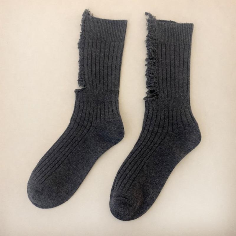 Women Gothic Ripped Holes Crew Socks Ribbed Knitted Harajuku Punk Hip Hop Skateboard Middle Tube Hosiery Streetwear