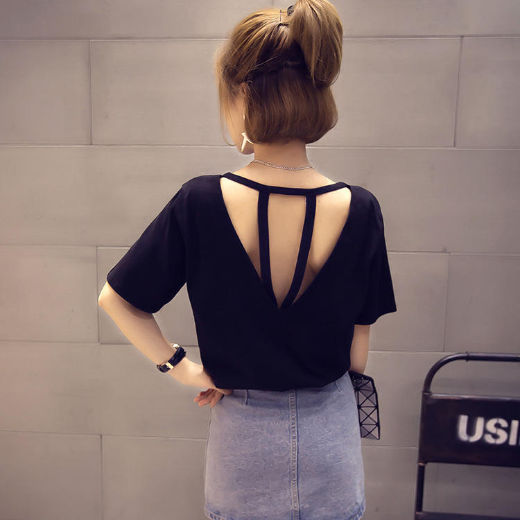 

Spot back hollow sling splicing loose large size summer solid color short-sleeved T-shirt female sister clothing girlfriend clothing M чёрный