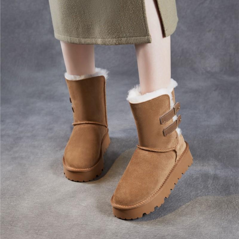 Johnature Wool Thick Soled Snow Boots Versatile Cow Suede Thickened Plush Warm Women's Mid-calf Boots