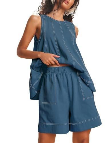 Women's two-piece shorts set Summer round neck sleeveless vest drawstring elastic waist shorts with pockets
