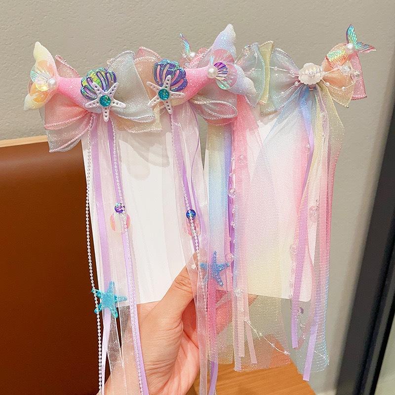 1 Pair Fishtail Shell Puprle Ribbon Headband Baby Mermaid Dress Up Hairpins Girls Bow Tie Braided Flower Hairpin Accessory