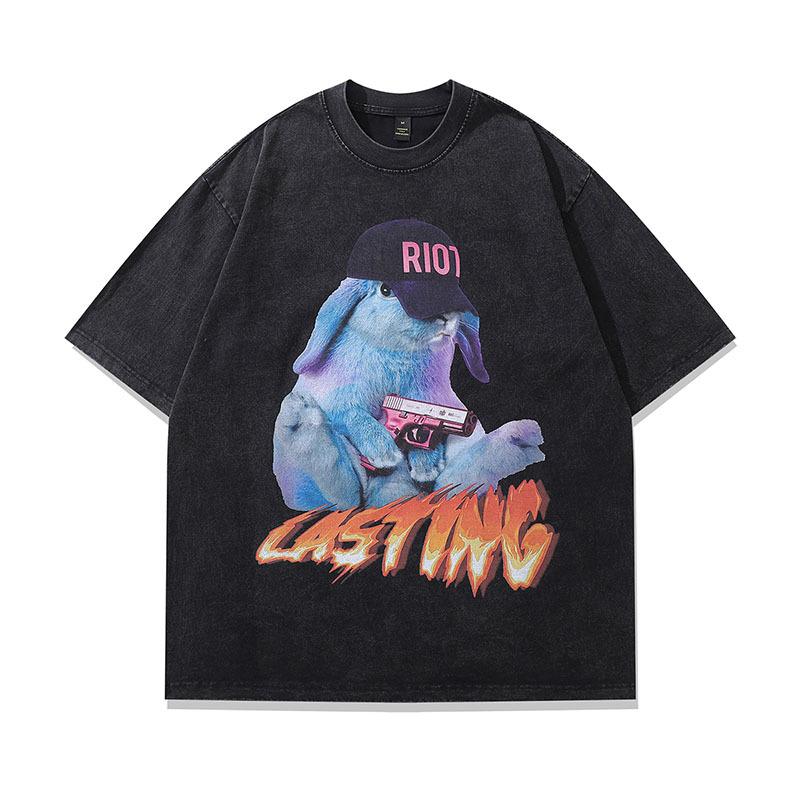T-shirt a maniche corte lavata effetto invecchiato, stampa a iniezione diretta, ritratto spoof retrò americano, taglia oversize da uomo e da donna, manica a metà