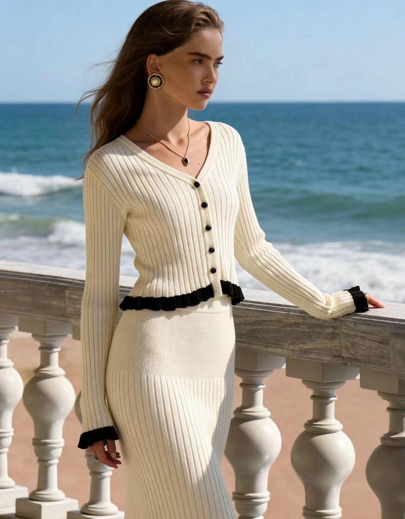 European Chic Autumn/Winter Women's Knit Cardigan & Skirt Set with Elegant French Ruffles