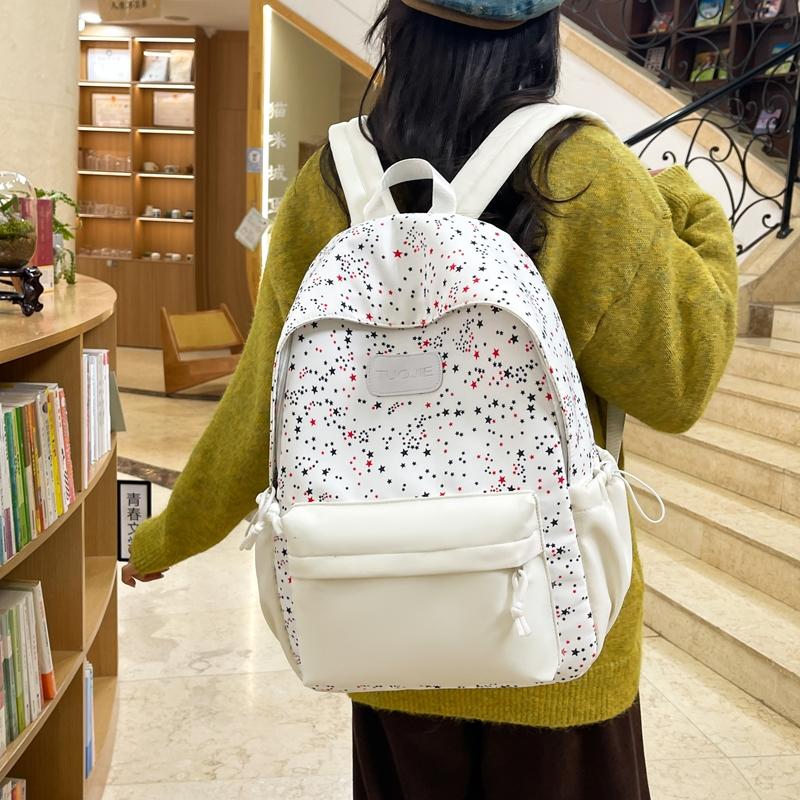 Star Print Backpack with Front Pocket and Side Drawstring Pockets for School and Casual Use