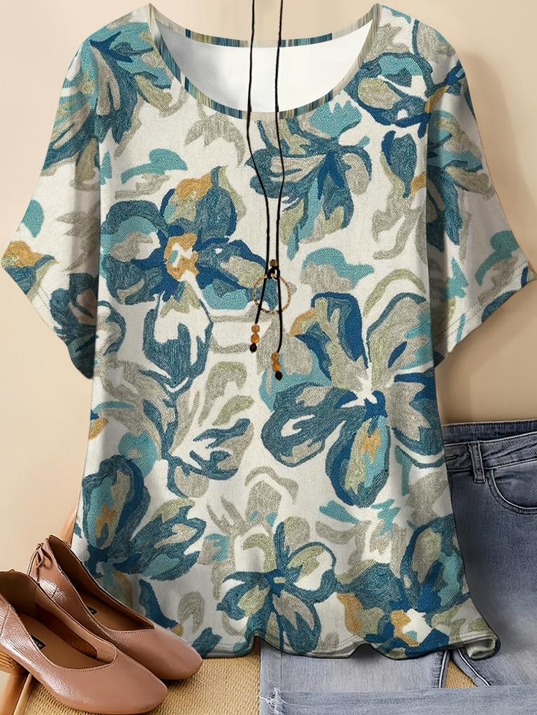 Women's T-Shirt Floral Graphic Tee Oil Painting Style Fashion Casual Short Sleeved O-Neck Tops Prints Summer Y2k Woman Clothes