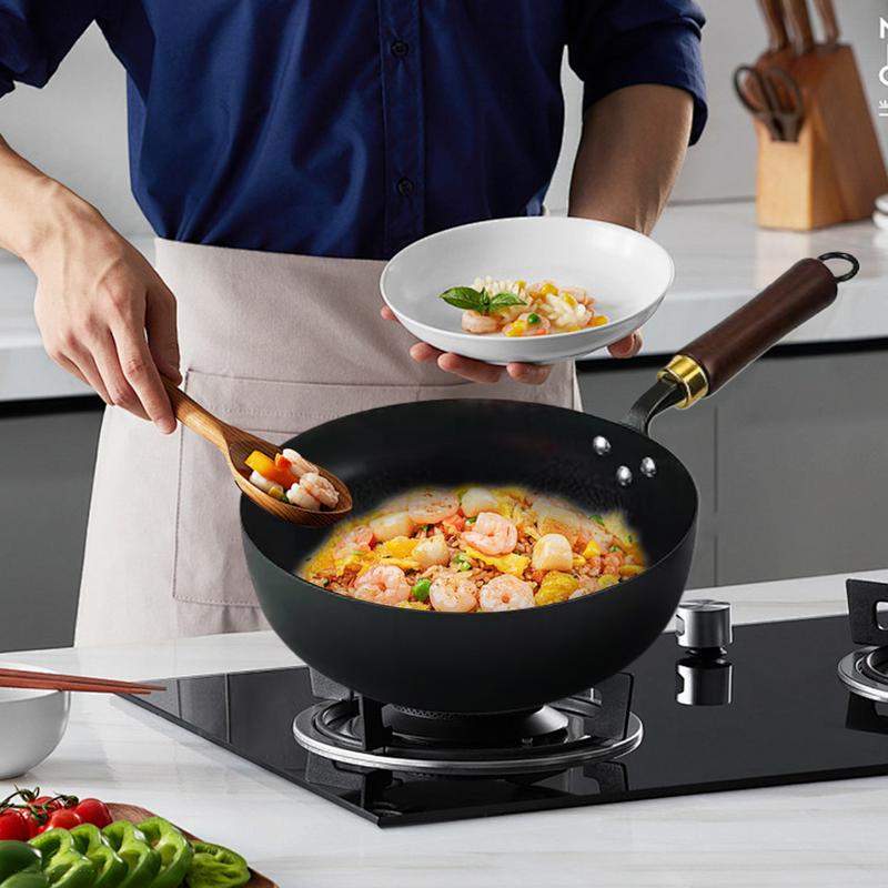Iron Wok Pan Japanese Iron Pan With Wooden Lid Thick Non-stick Hand-Forged Pot For Stove Induction Hob Kitchen Restaurants Home