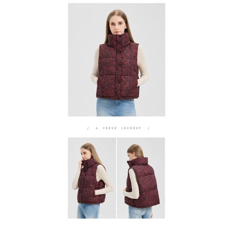 Women Short Stand Collar Leopard Print Loose Vest Jacket