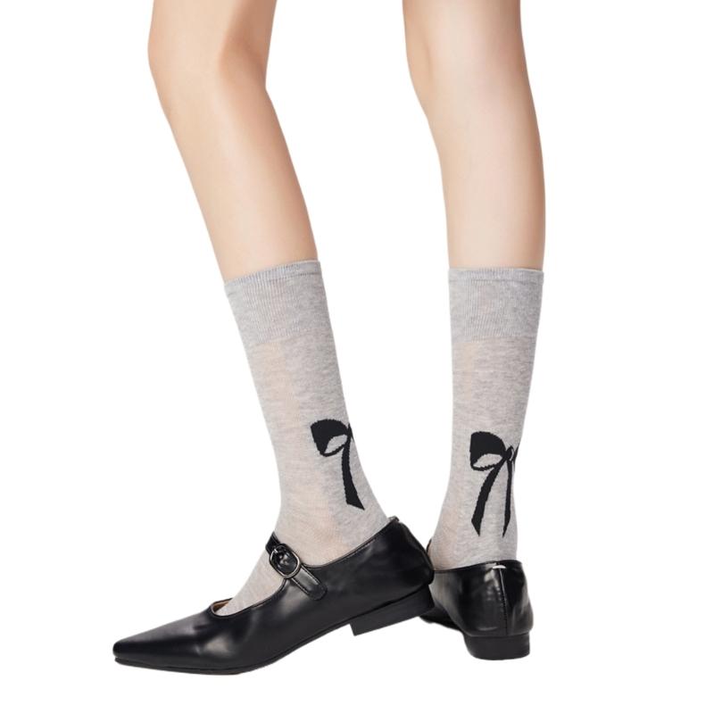 Cute Bowknot Pattern Long Calf Length Socks for Women and Girls Breathable Mesh Ribbed Student Cotton Stockings Hosiery